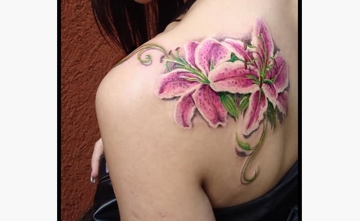 Pink Ink Floral Tattoo On Girl Left Back Shoulder