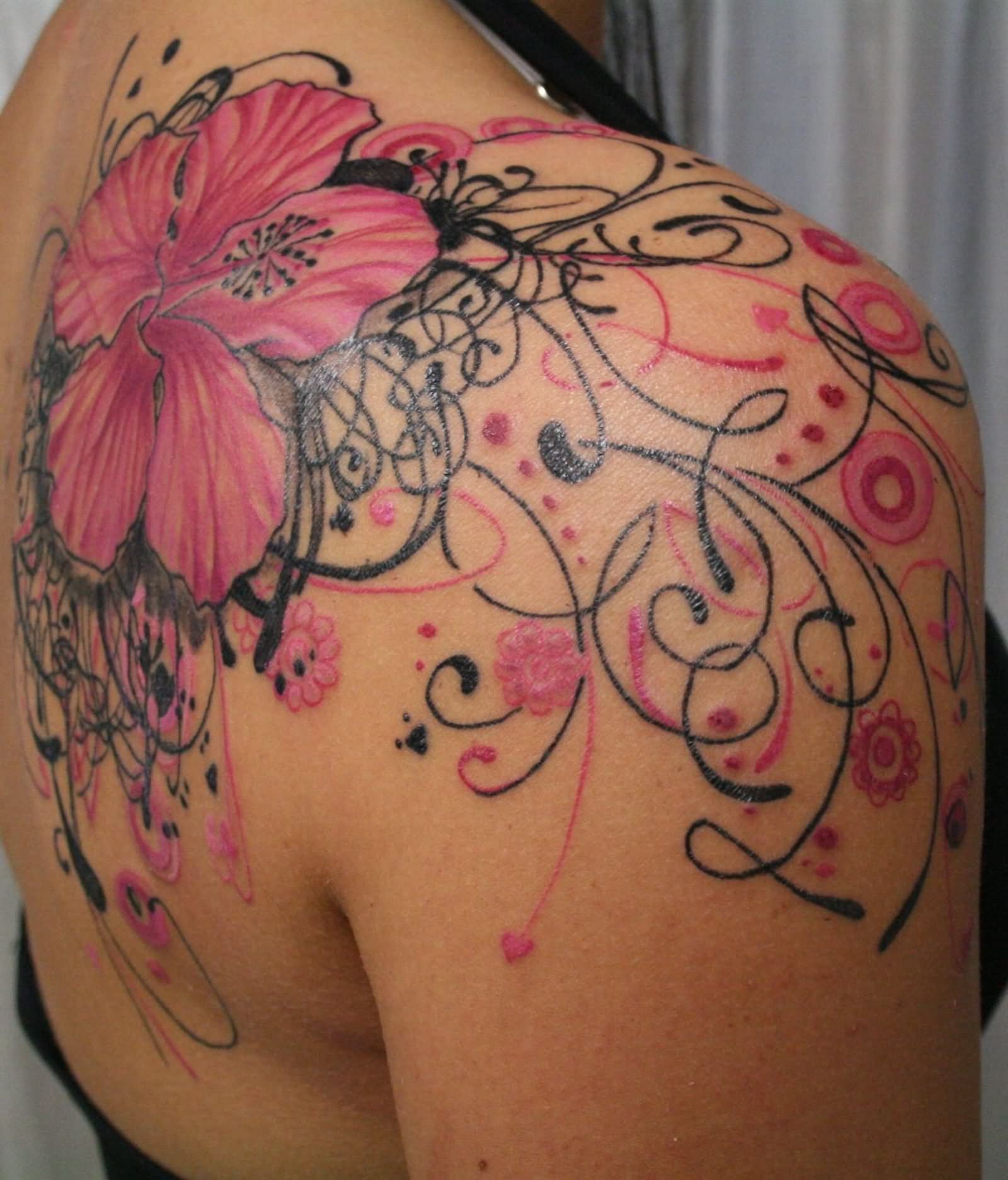 Pink Ink Floral Tattoo On Right Back Shoulder