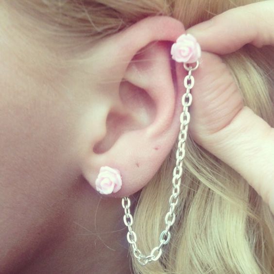 Pink Rose Studs And Chain Piercing On Left Ear