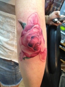 Pink Rose Tattoo On Right Elbow