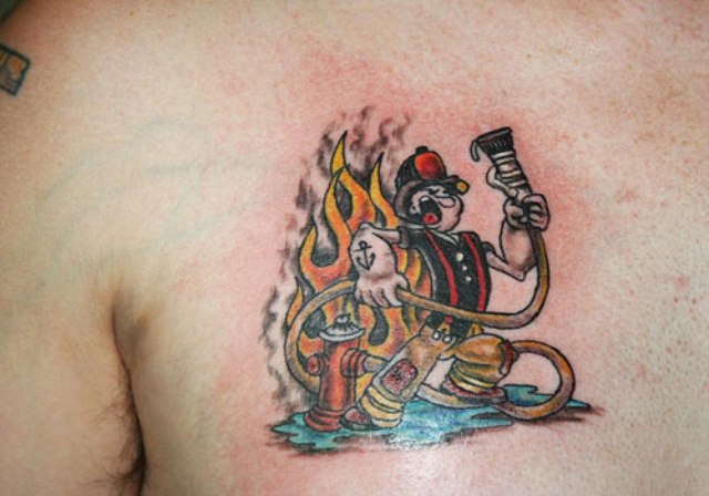 Popeye Firefighter Tattoo On Man Right Front Shoulder