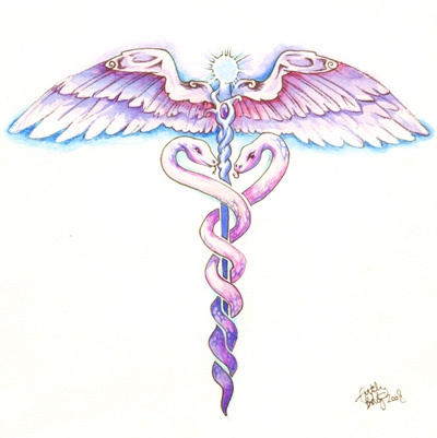 Purple And Pink Medical Symbol Tattoo Design