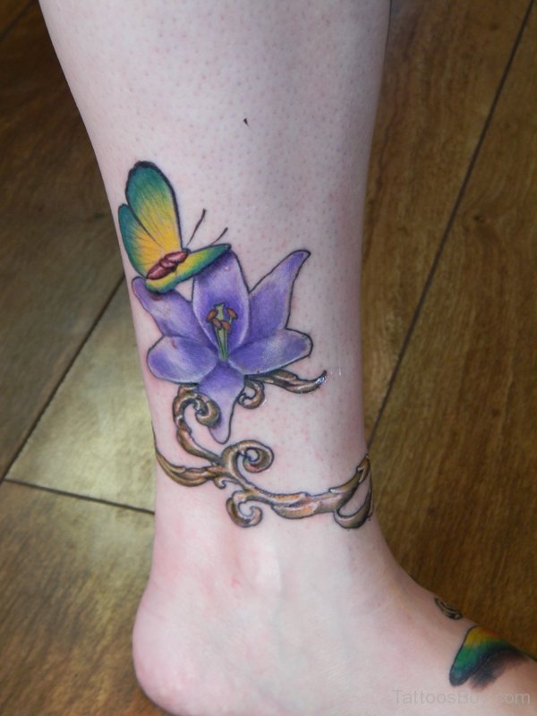 Purple Floral With  Butterfly Tattoo On Leg
