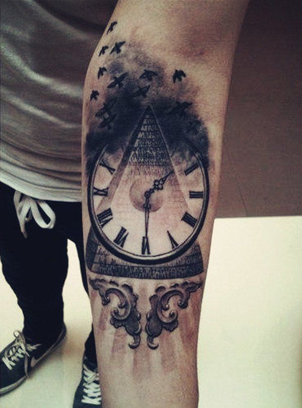 Pyramid With Clock Tattoo On Inside Elbow