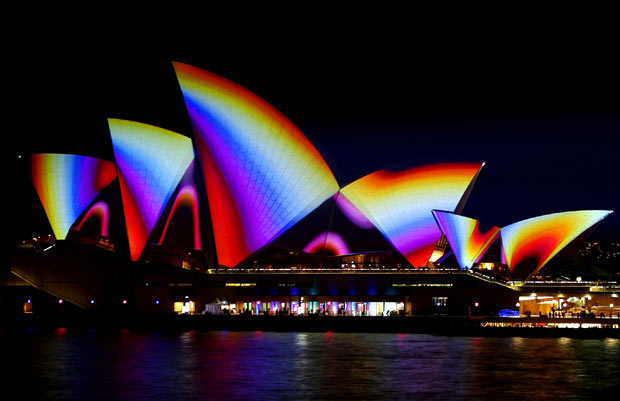 Rainbow Lighting Decoration At Sydney Opera House Night View