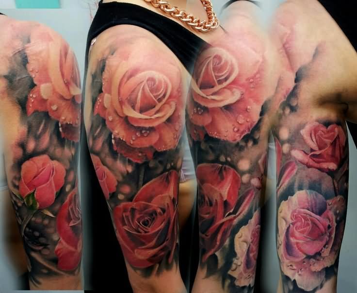 Realistic 3D Floral Tattoo On Right Half Sleeve