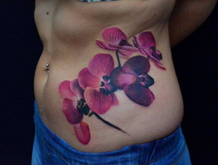 Realistic 3D Floral Tattoo On Side Rib
