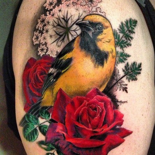 Realistic 3D Floral With Bird Tattoo Design For Shoulder By Esther Garcia