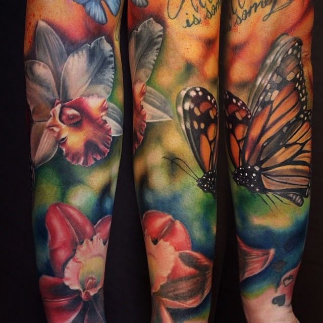 Realistic Colorful Floral With Butterfly Tattoo Design For Sleeve