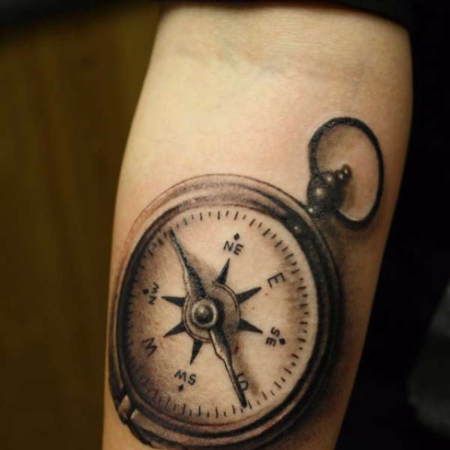 Realistic Compass Tattoo Design For Elbow