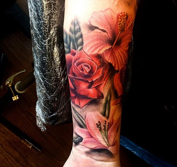 Realistic Floral Tattoo Design For Forearm