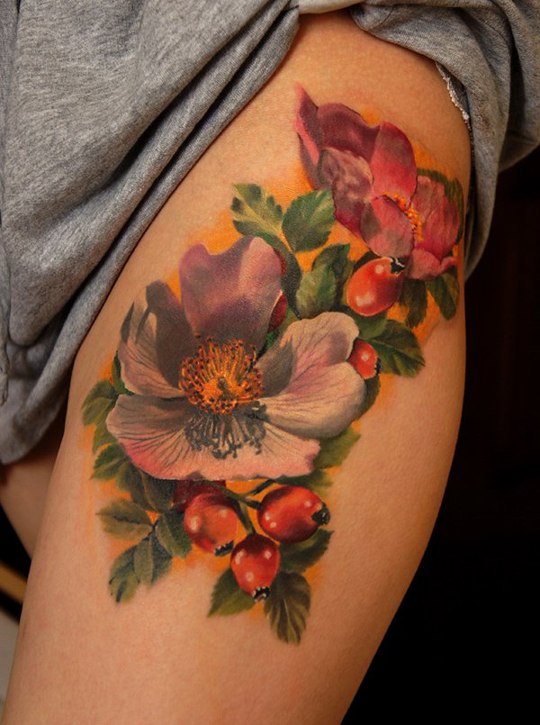 Realistic Floral Tattoo Design For Thigh