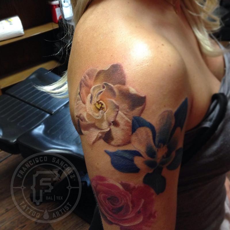 Realistic Floral Tattoo On Girl Right Half Sleeve
