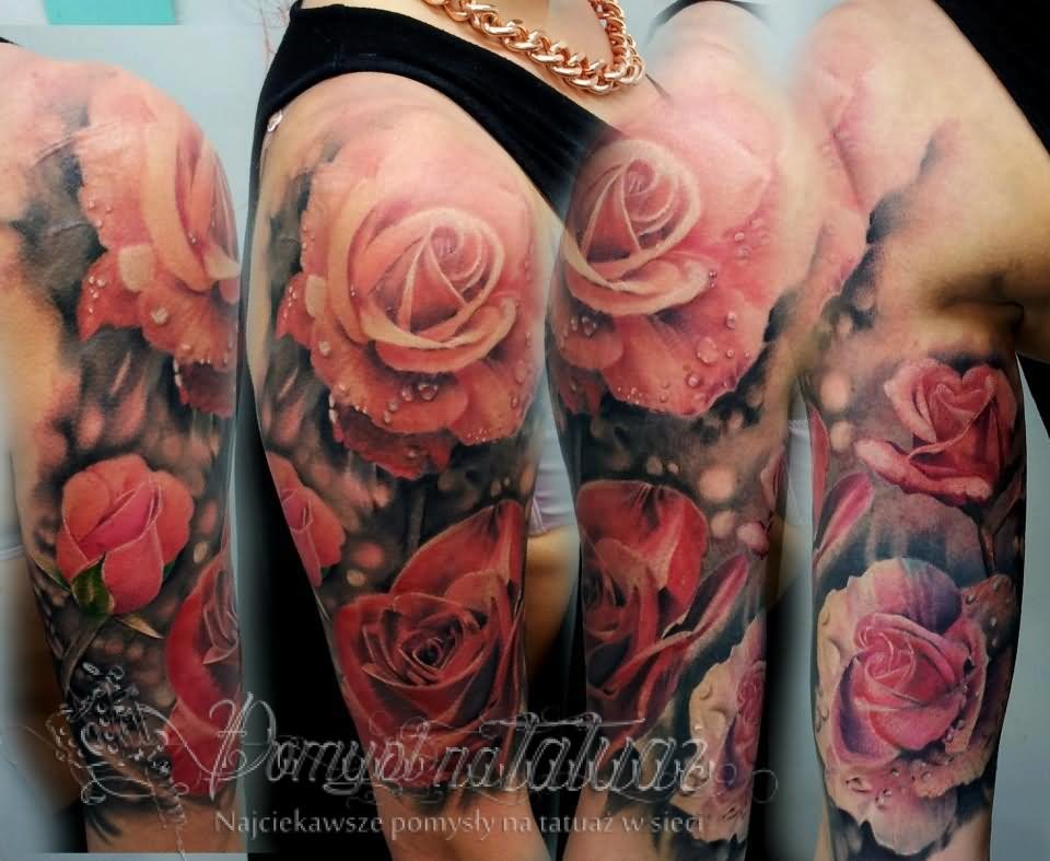 Realistic Floral Tattoo On Half Sleeve By Matt Jordan