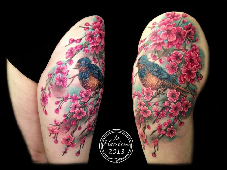 Realistic Floral With Bird Tattoo On Thigh By Jo Harrison