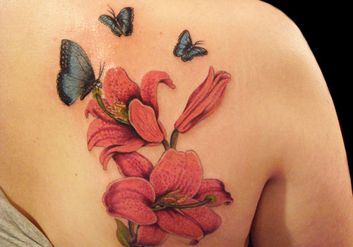 Realistic Floral With Butterflies Tattoo Design