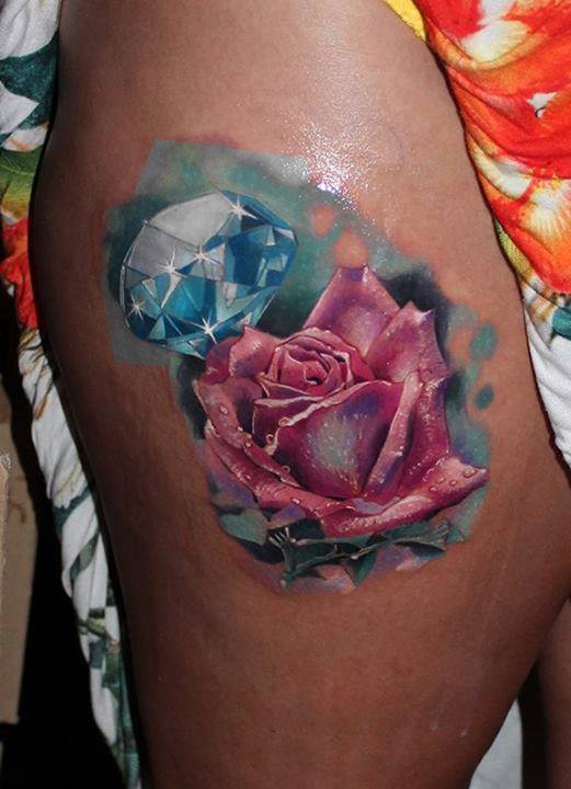 Realistic Floral With Diamond Tattoo Design For Thigh