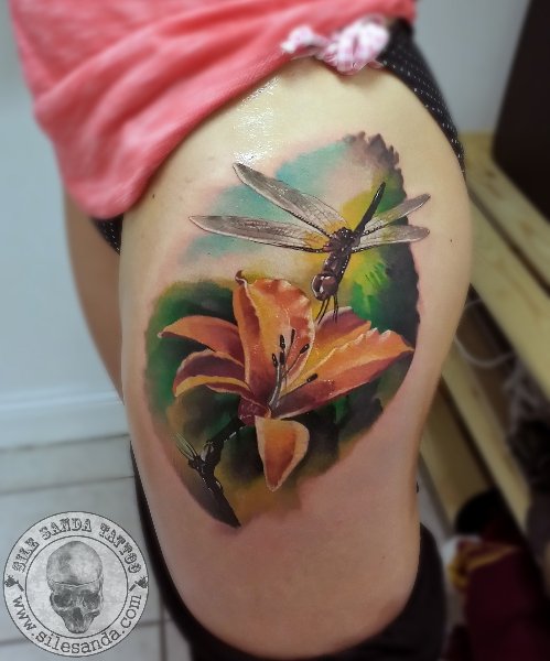 Realistic Floral With Dragonfly Tattoo On Side Thigh