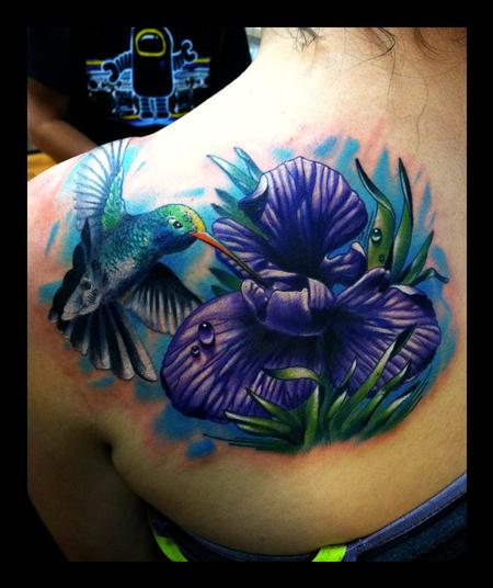 Realistic Floral With Flying Birds Tattoo On Left Back Shoulder