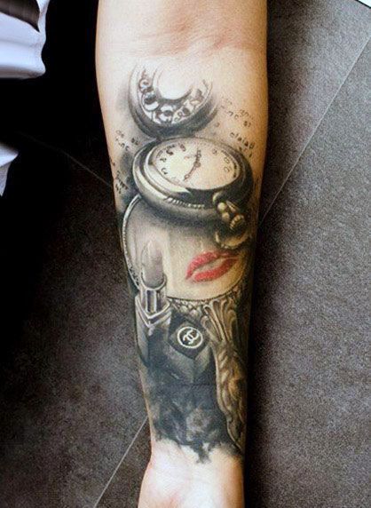 Realistic Grey Ink Lipstick Tattoo On Left Forearm