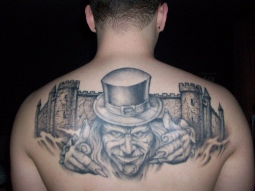 Realistic Leprechaun Tattoo On Upper Back