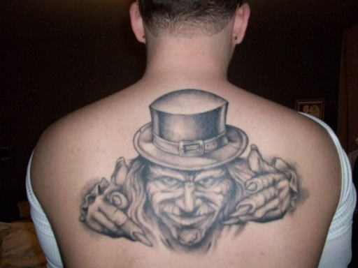 Realistic Leprechaun Tattoo On Upper Back