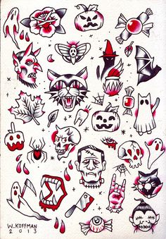 Red And Black Traditional Halloween Tattoo Flash