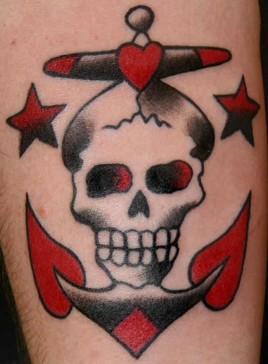 Red And Black Sailor Anchor With Skull And Stars Tattoo Design