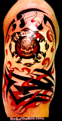 Red And Black Tribal Firefighter Logo Tattoo Design For Half Sleeve