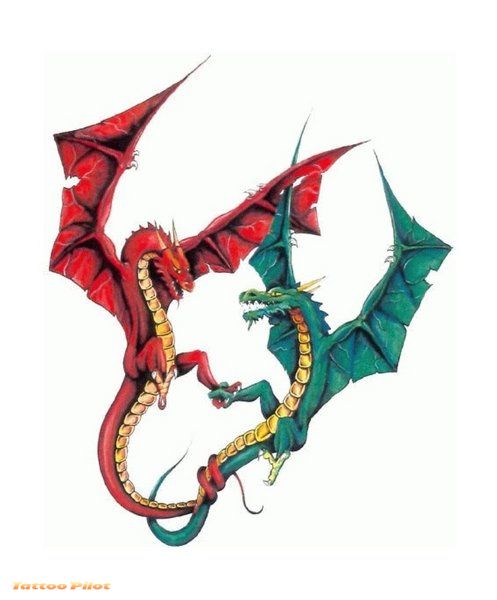 Red And Green fighting Fantasy Dragon Tattoos Design
