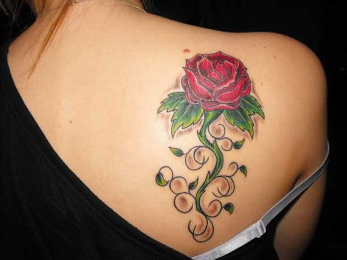 Red Floral Tattoo On Right Back Shoulder