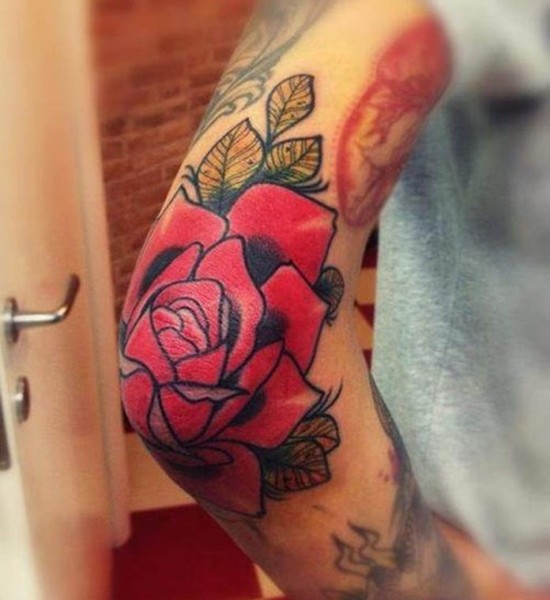 Red Floral Tattoo On Right Elbow