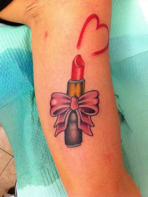 Red Heart And Lipstick Tattoo On Leg