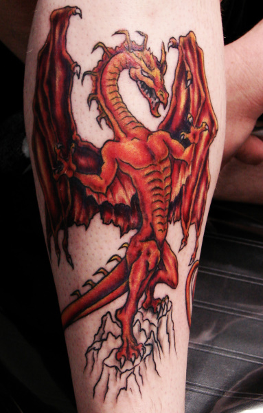 Red Ink Fantasy Dragon Tattoo On Sleeve