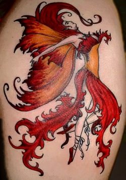 Red Ink Fantasy Fairy Tattoo On Shoulder