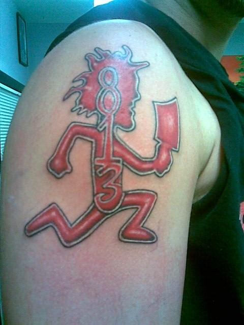 Red Juggalo Tattoo On Man Right Shoulder