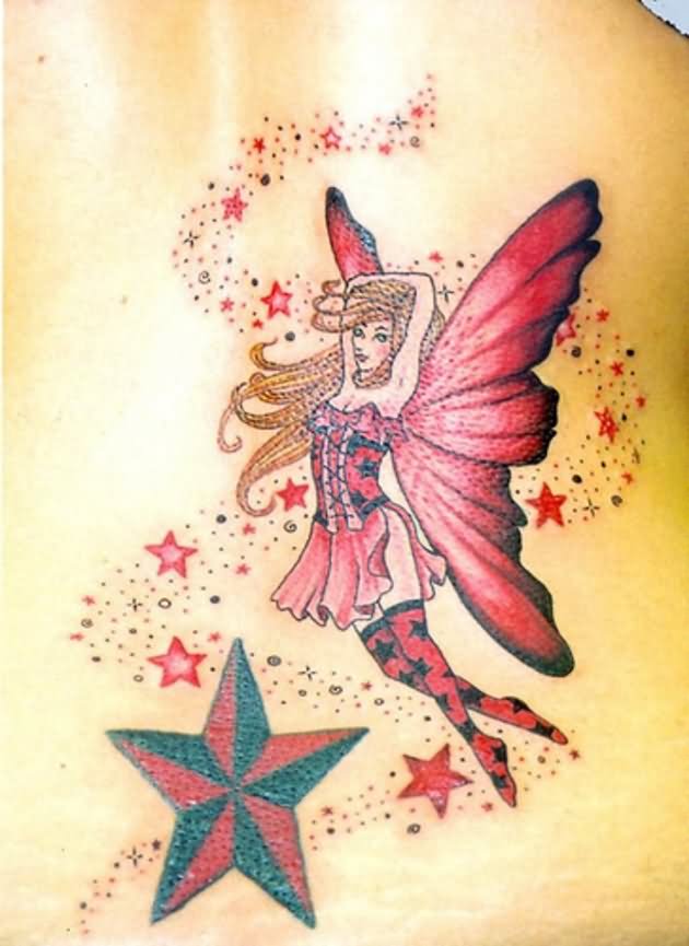 Red Nautical Star And Fantasy Fairy Tattoo