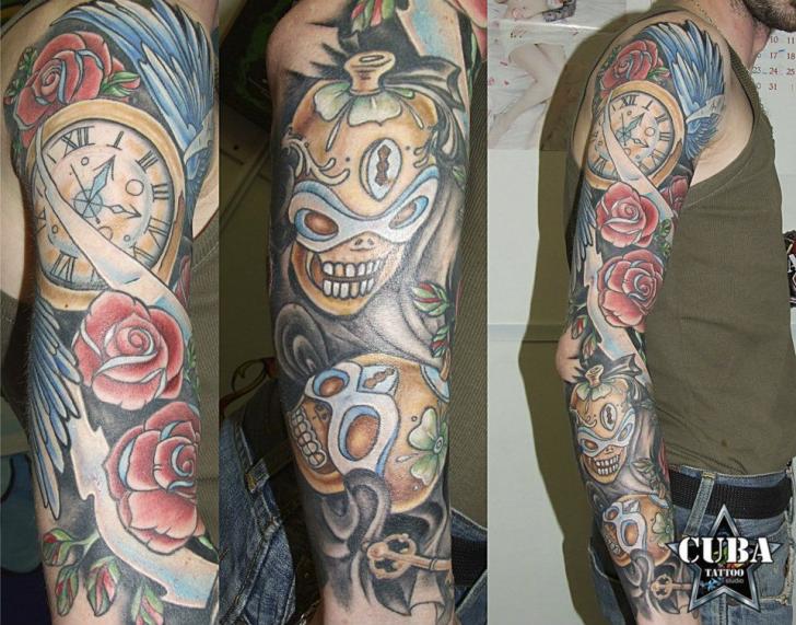Red Roses, Clock And Skull Fantasy Tattoo On Sleeve