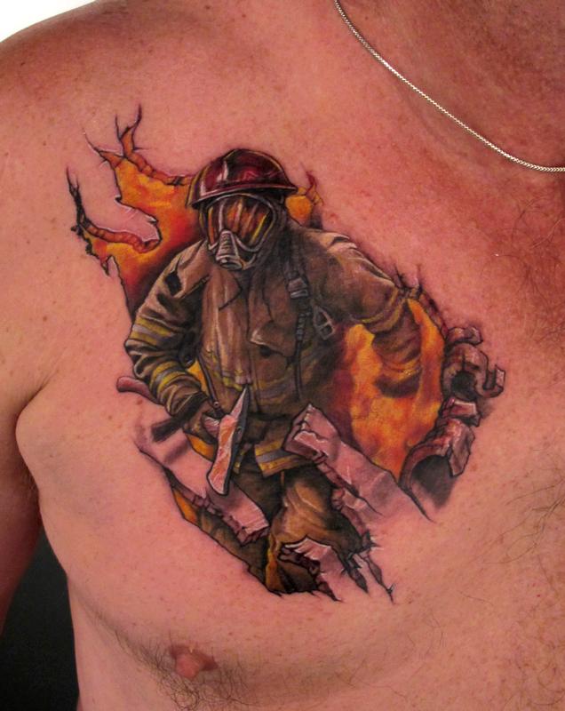 Ripped Skin 3D Firefighter Tattoo On Man Right Front Shoulder