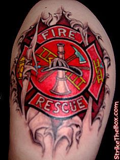 Ripped Skin Firefighter Cross Tattoo Design For Shoulder