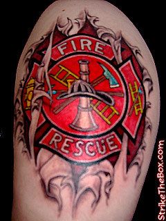 Ripped Skin Firefighter Logo Tattoo Design For Shoulder