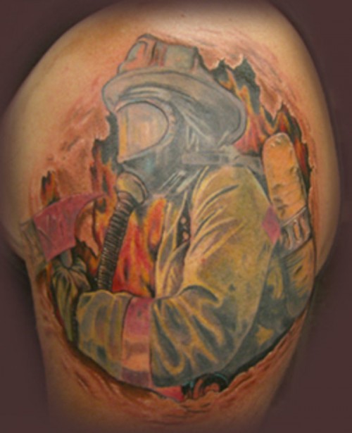 Ripped Skin Firefighter Tattoo Design For Shoulder
