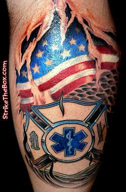 Ripped Skin Tribal Firefighter Logo And USA Flag Tattoo Design