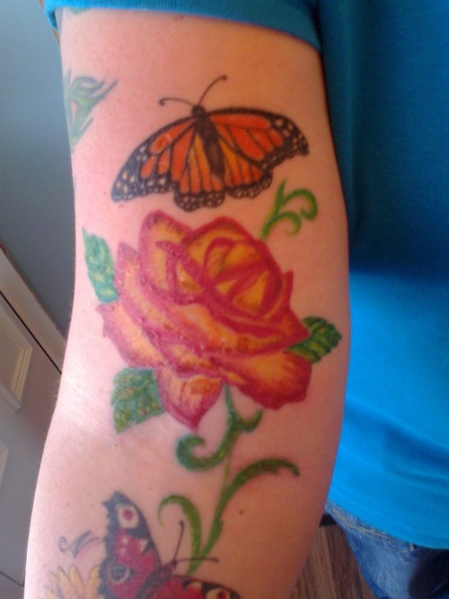 Rose With Butterfly Tattoo Design For Elbow