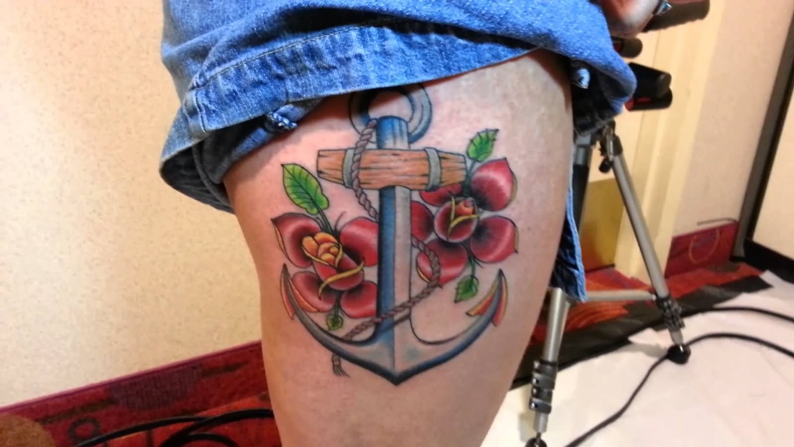 Sailor Anchor With Flowers Tattoo On Side Thigh