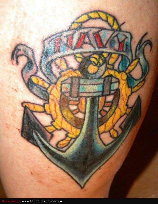 Sailor Anchor With Wheel And Banner Tattoo Design