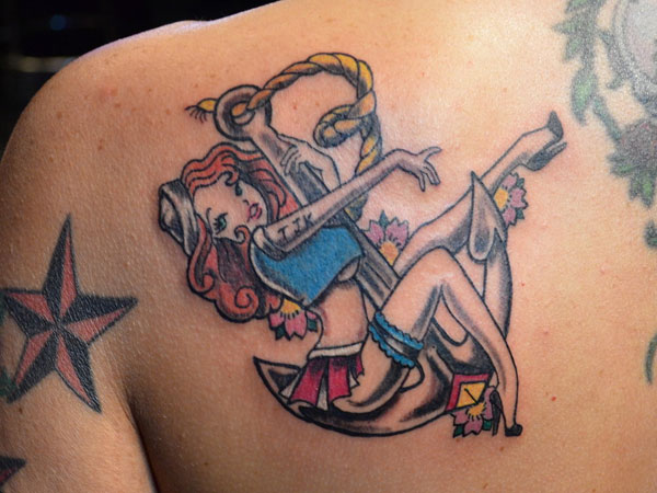 Sailor Girl With Anchor Tattoo On Left Back Shoulder