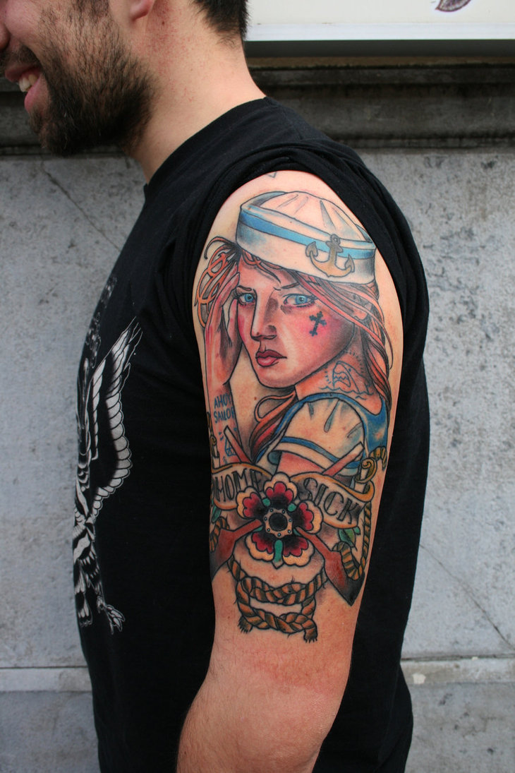 Sailor Girl With Banner And Flower Tattoo On Man Left Half Sleeve
