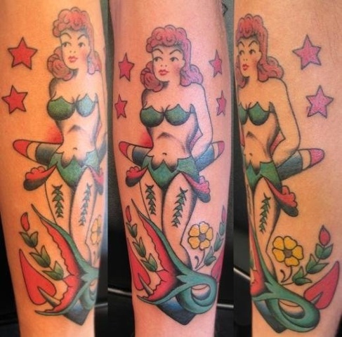 Sailor Mermaid With Anchor And Stars Tattoo Design For Half Sleeve