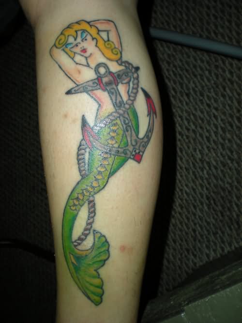 Sailor Mermaid With Anchor Tattoo Design For Leg Calf